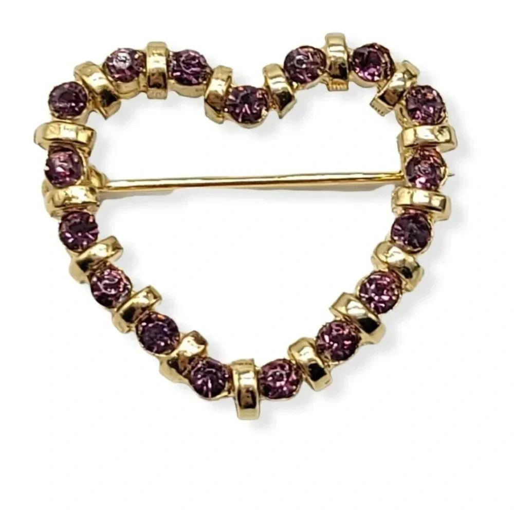 Pink Glass Rhinestone Gold Tone Vintage Heart Pin Brooch